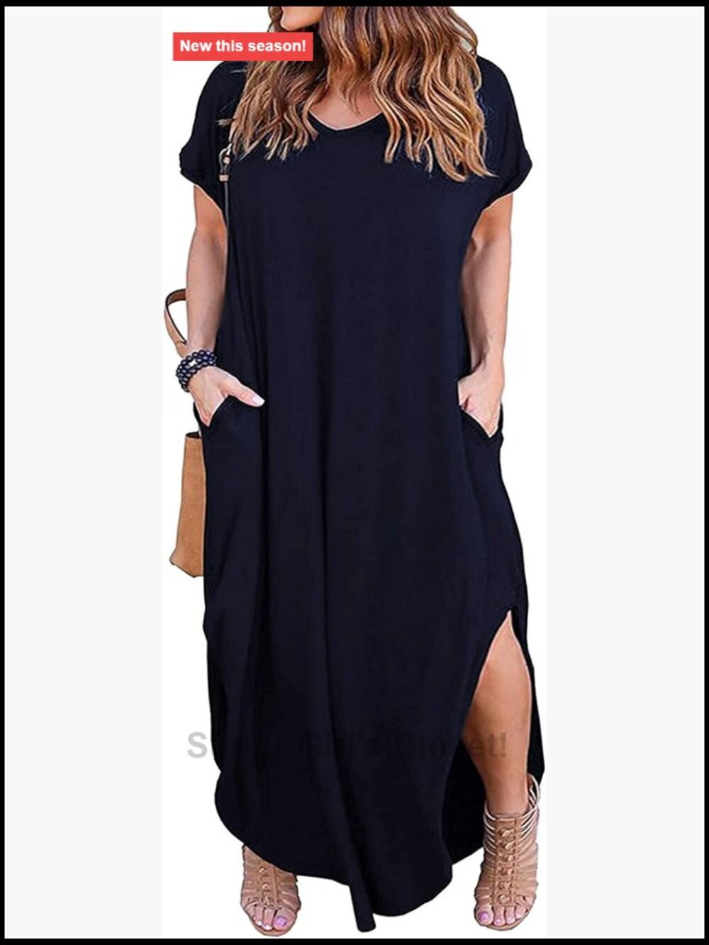Plus Size Maxi Dress V-Neck Short Sleeve with Pockets Side Slits Beach Summer
